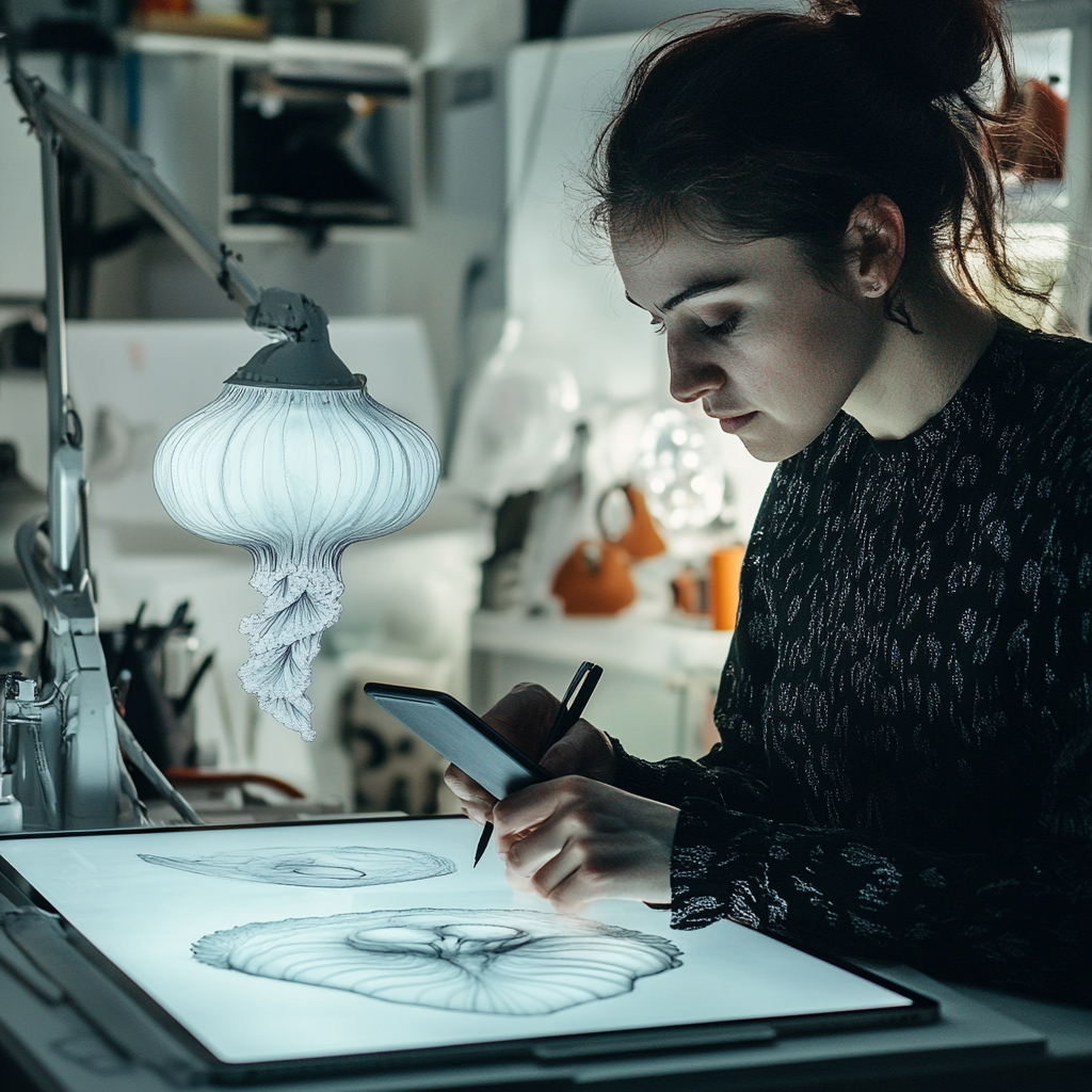 Designer with iPad drawing lamp inspired by jellyfish curves.