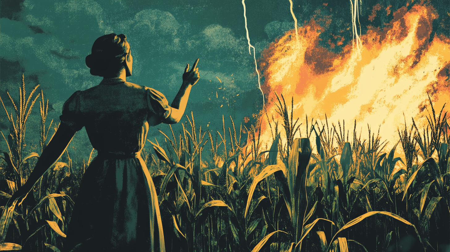 Desperate female farmer pointing at burning corn field.