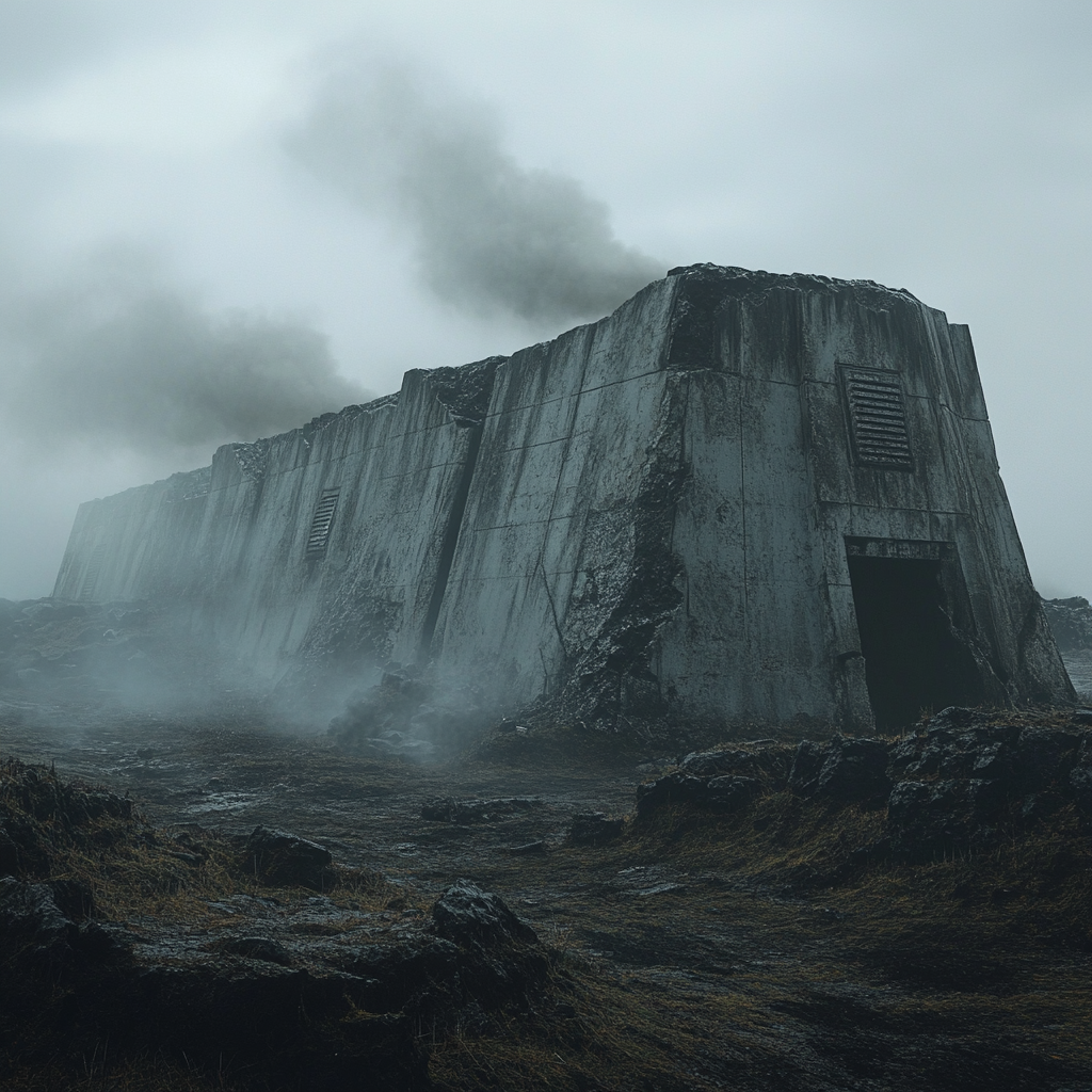 Destroyed german wwii bunker emitting smoke in foggy setting.