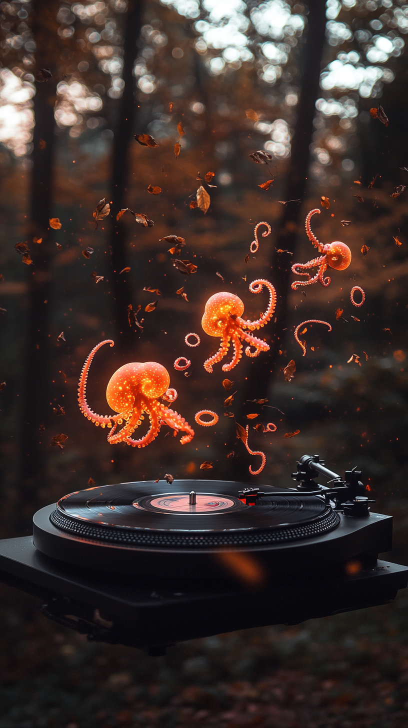 Destroyed turntable in forest, glowing octopus flock flies.