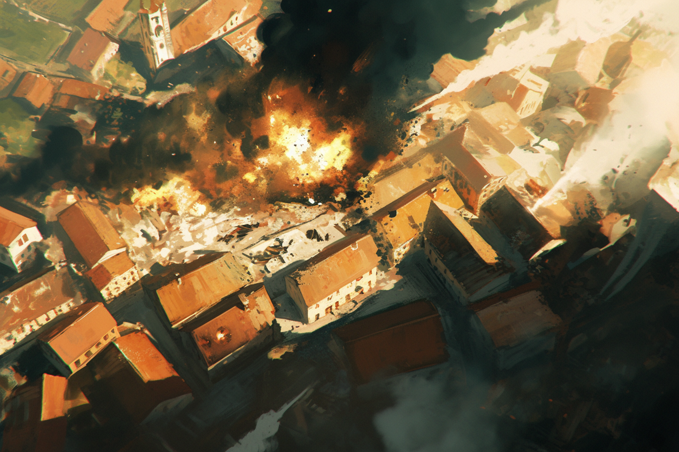 Destructive town fire in detailed, realistic art style.