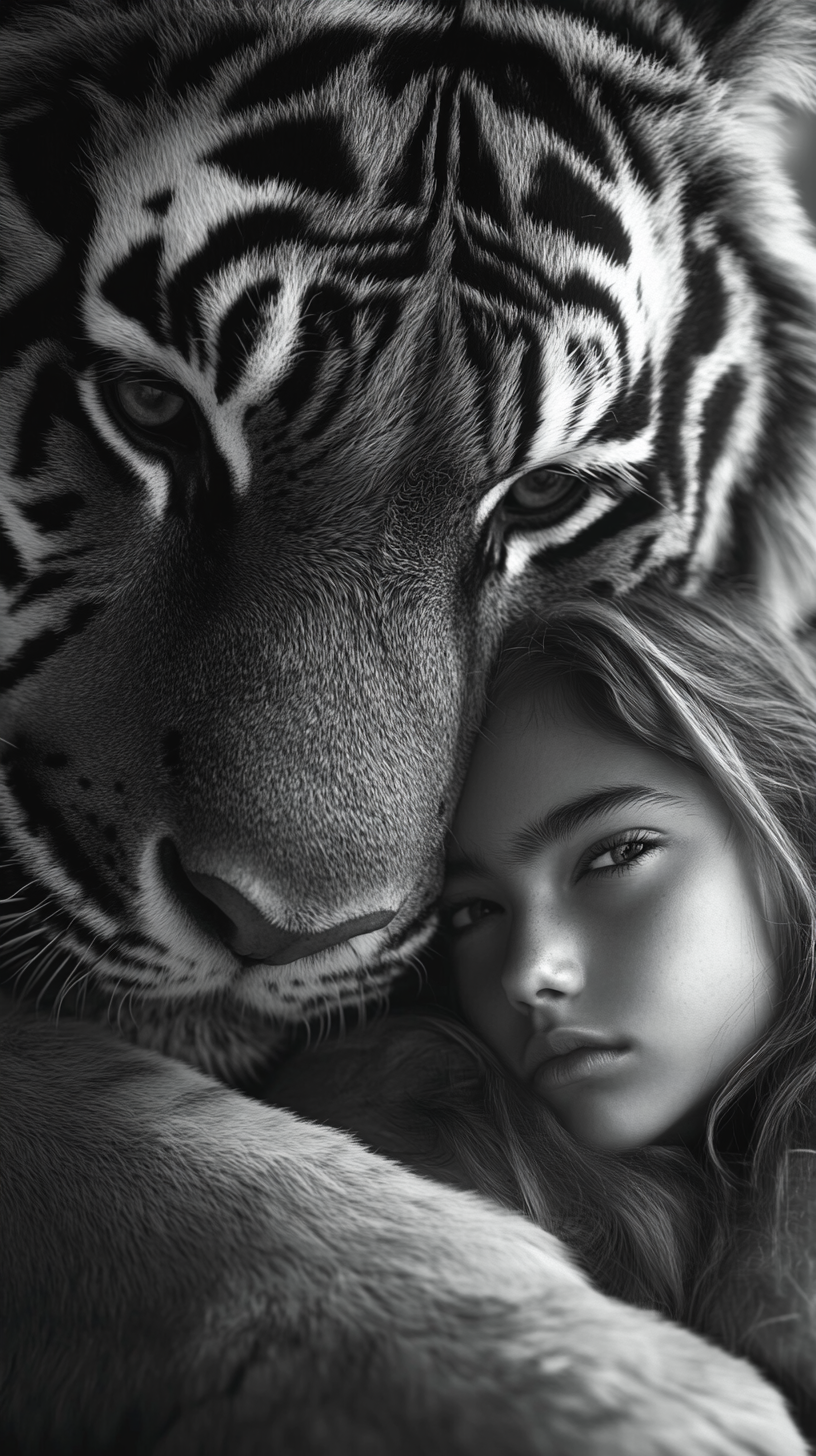 Detail-rich monochrome portrait of girl with tiger, protector.