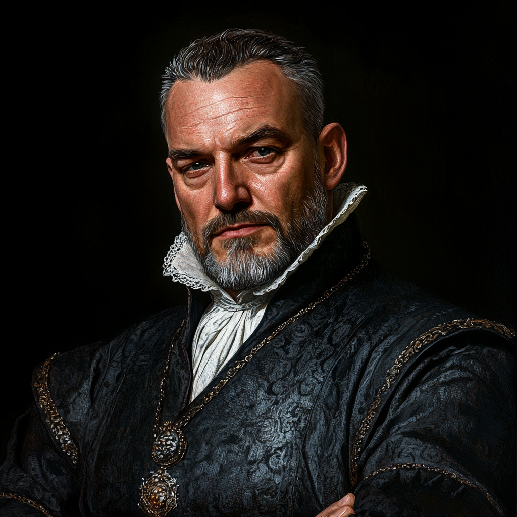 Detailed dark portrait on black background, medieval tavern owner.