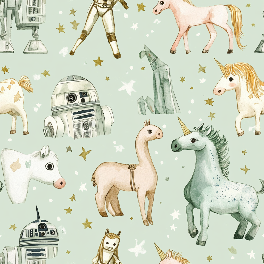 Detailed high-resolution Star Wars and unicorn children's book pattern.