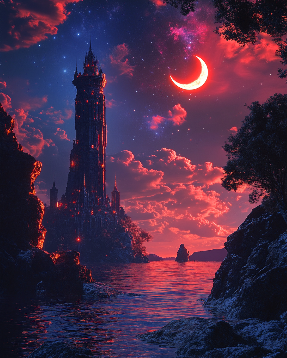 Detailed nebula clouds, red and blue, fantasy tower, ocean.