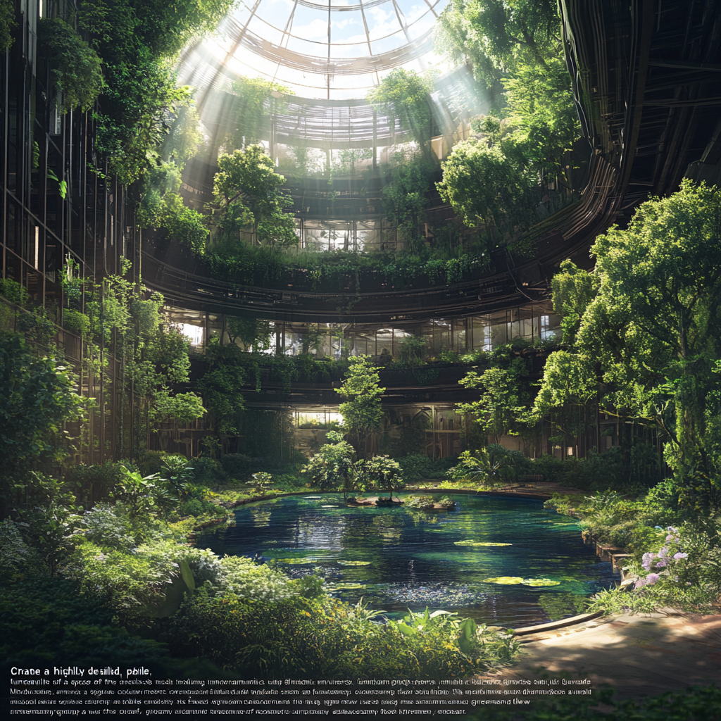 Detailed panoramic image of lush space colony interior.