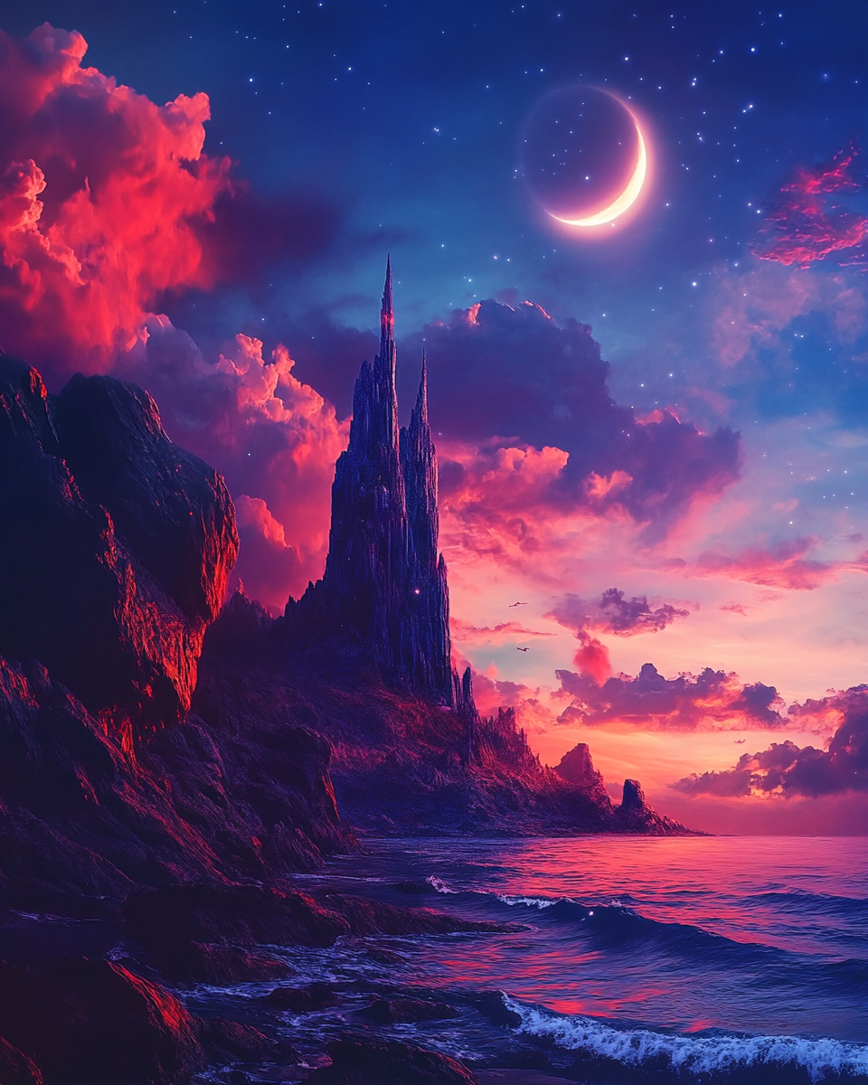 Detailed red and blue nebula clouds, fantasy tower, crescent moon.