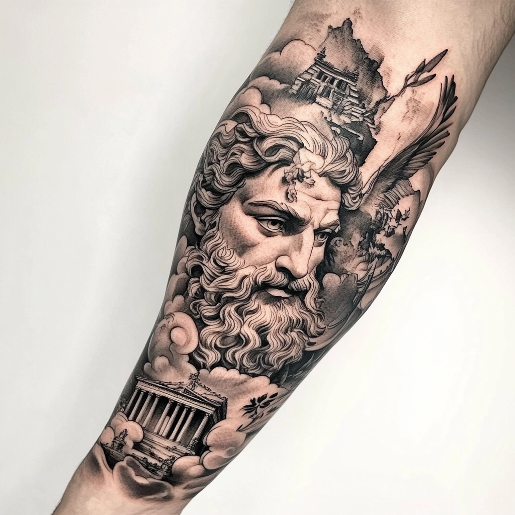 Detailed tattoo: Zeus, Athena, Poseidon, Parthenon, olive branches, clouds.