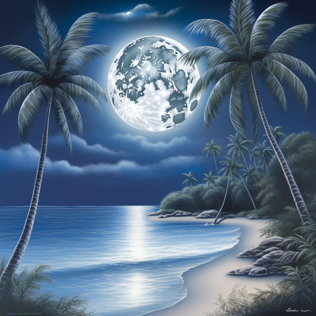 Detailed tropical beach with palm trees under full moon.