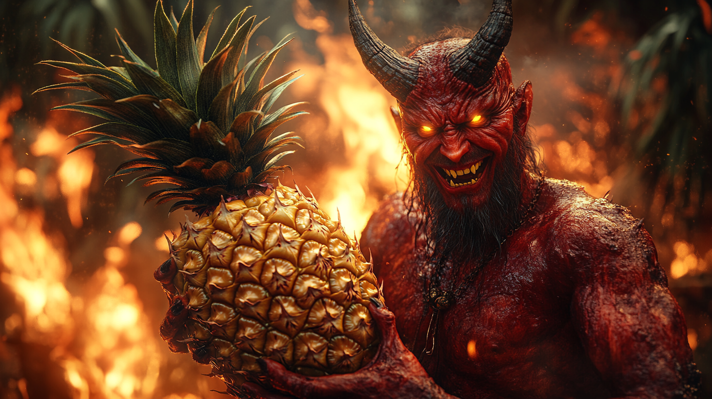 Devil with red skin holding large pineapple in fire.