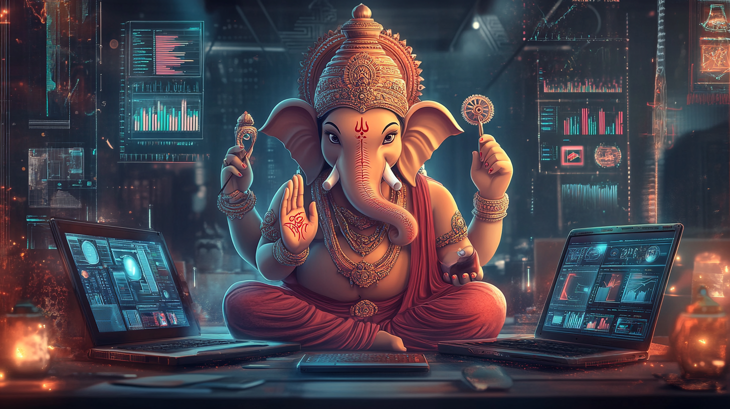 Digital marketing Lord Ganesha surrounded by modern tech.