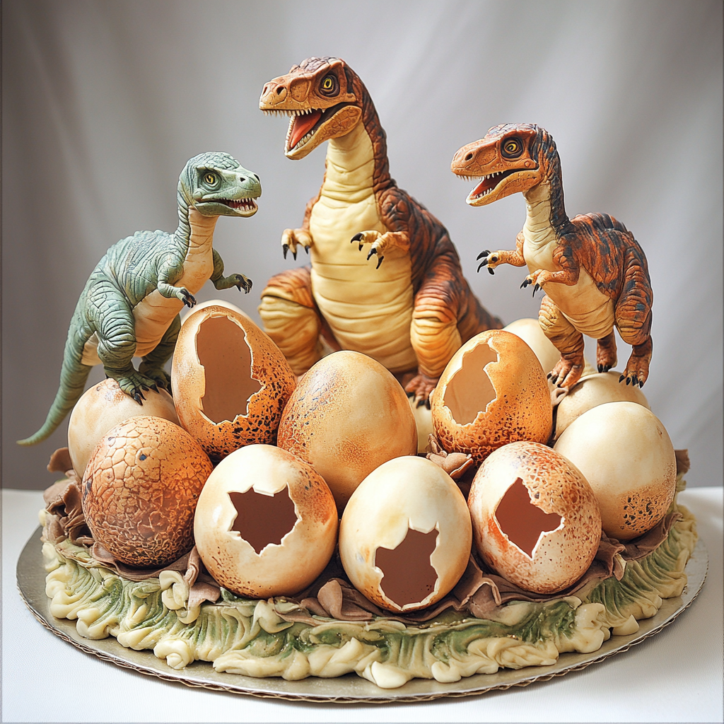 Dinosaur hatching from egg on birthday cake.