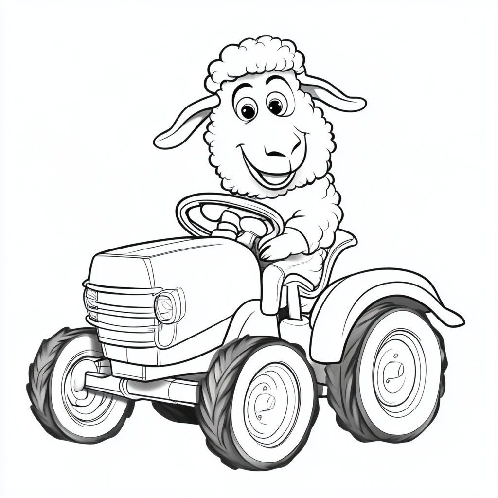 Disney cartoon sheep in tractor, ready for coloring book.