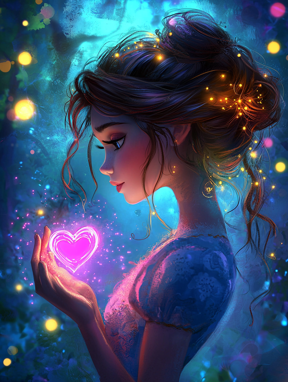 Disney princess with brown hair, eyes, heart in hands.