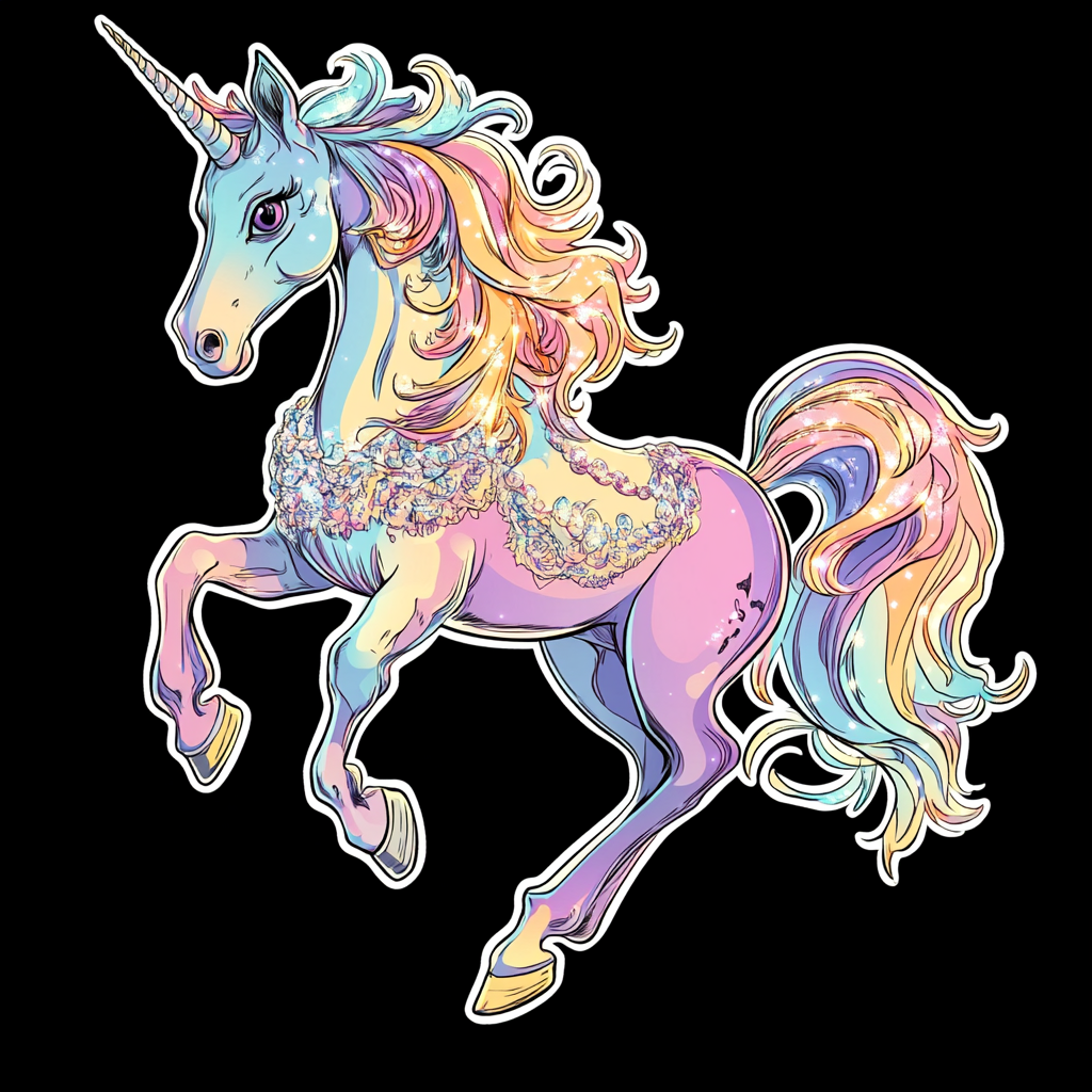 Disney style stickers featuring galloping majestic unicorn goddess.