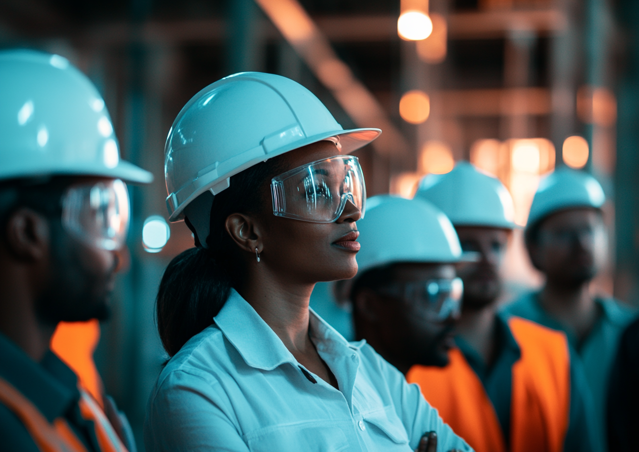 Diverse construction workers gathered around female project manager.