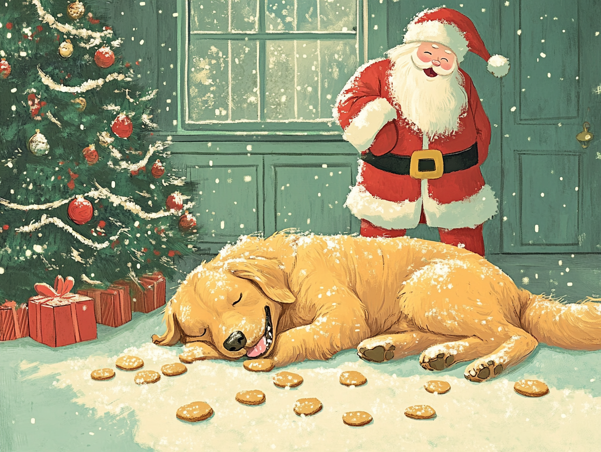 Dog sleeping in front of tree after eating cookies.