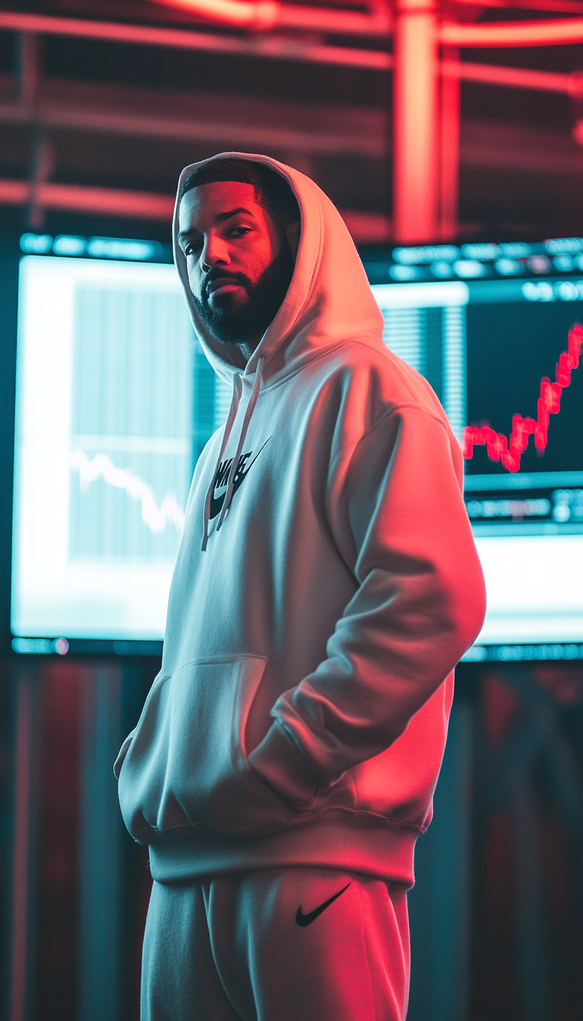 Drake in Nike hoodie with flow, forex charts screens.