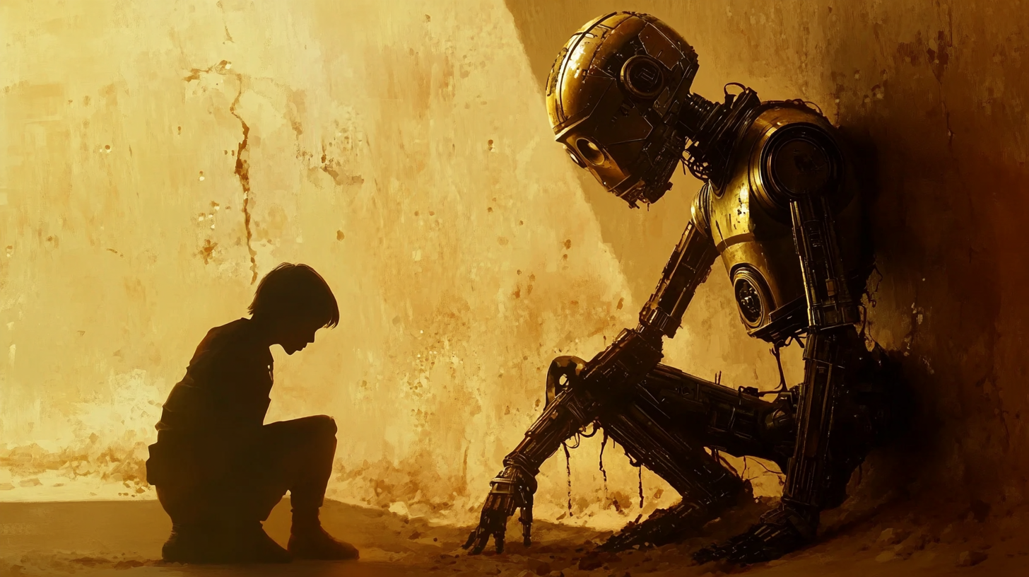 Droid damaged, Jedi examines. Star Wars scene, HD.