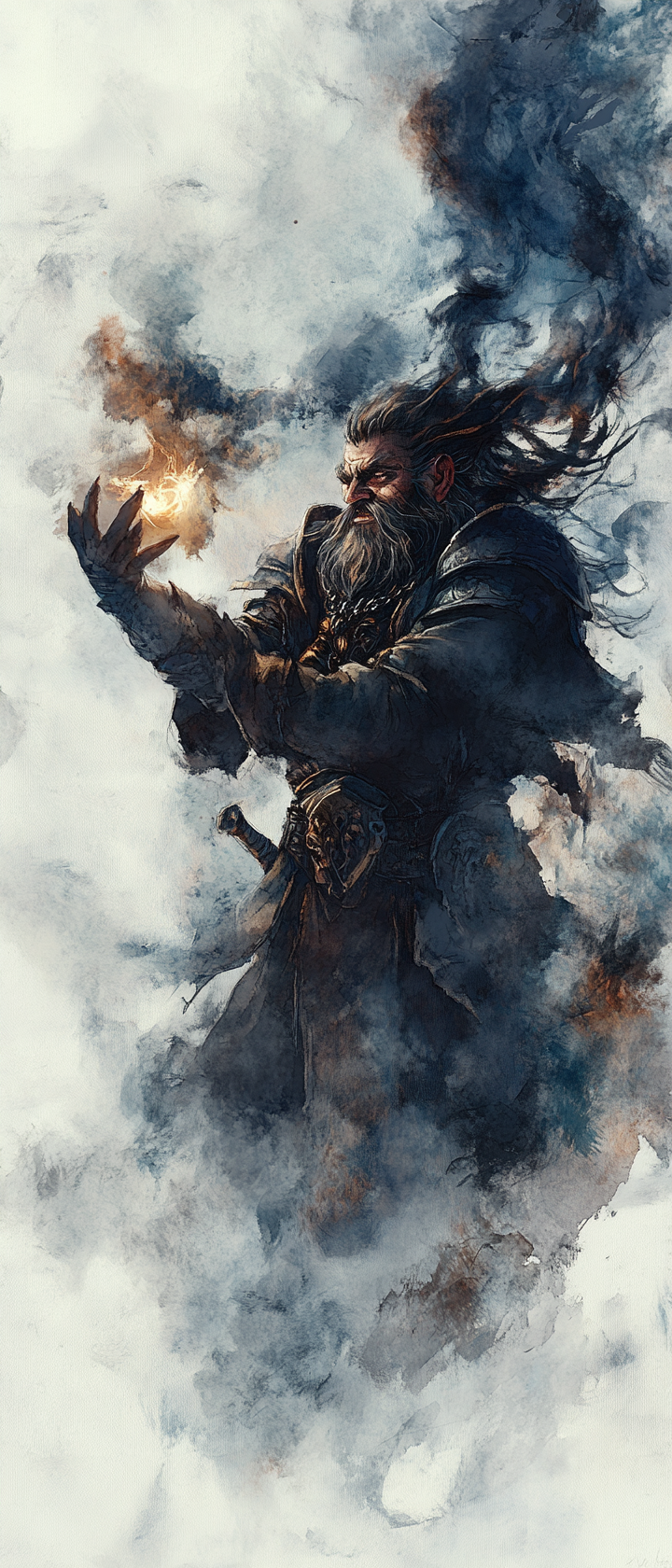 Dwarf paladin casting eerie spell in dark fantasy scene.