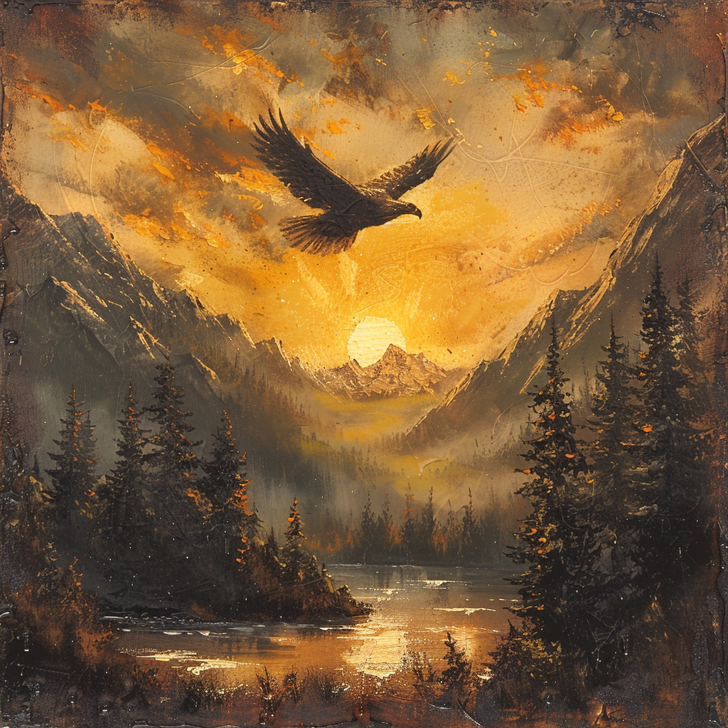 Eagle flying over mountains in Bob Ross style painting.