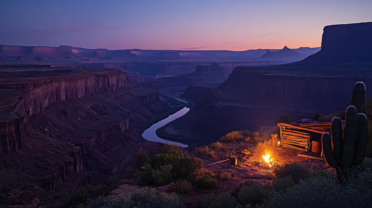 Early desert photo at dawn with campfire foreground.