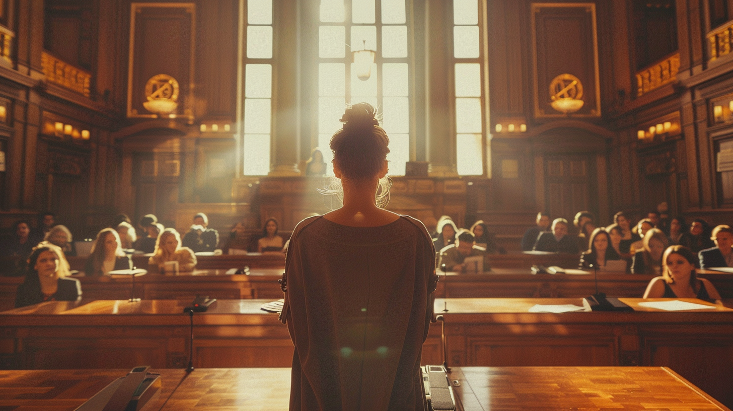 Educator practicing speech in formal courtroom setting.