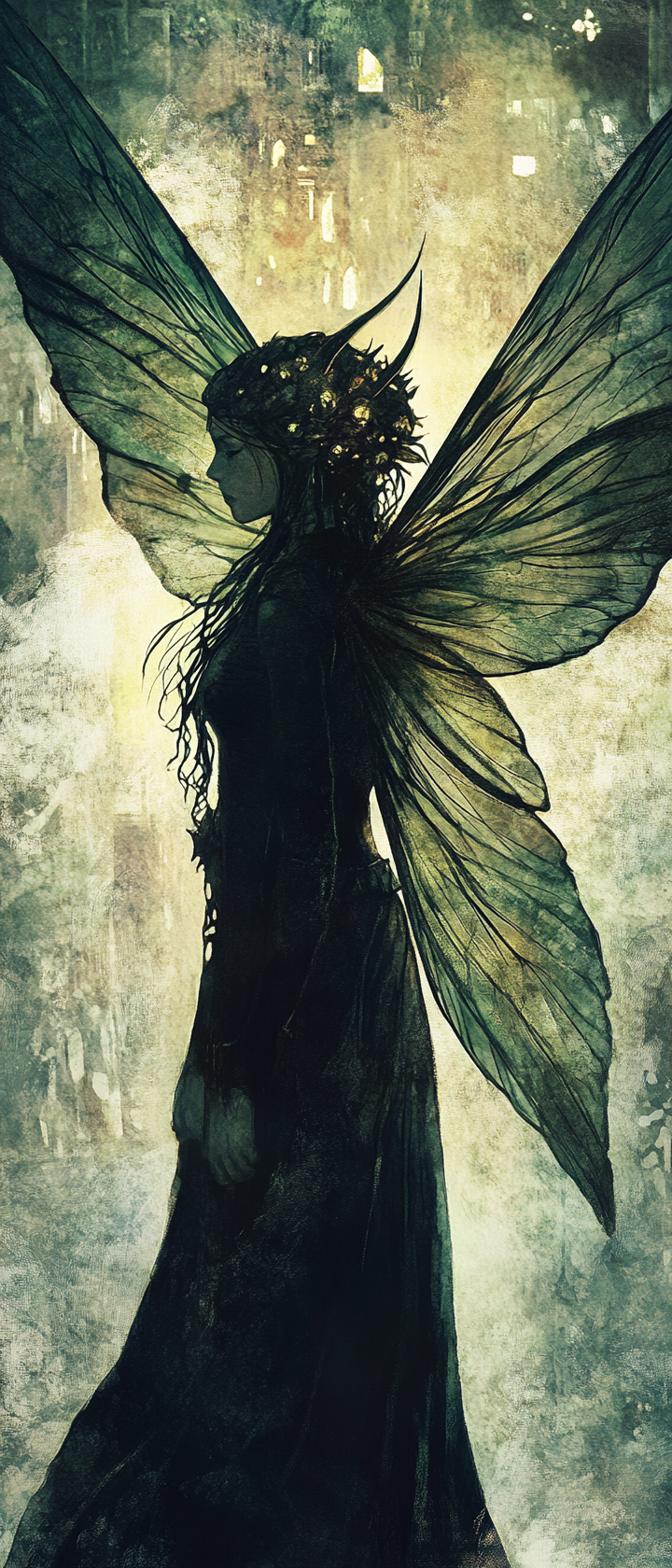 Eerie female fay adventurer with folded insect wings.