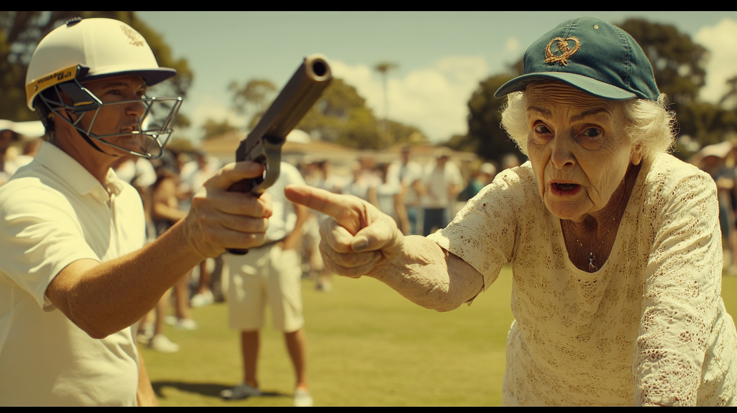 Elderly lady pointing finger guns at cricket player.