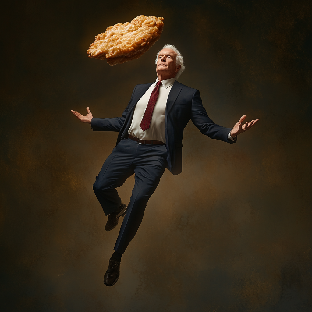 Elderly man with blond hair in blue suit flying.