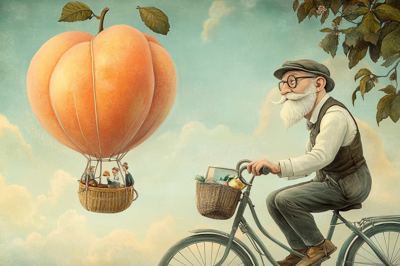 Elderly man with glasses and beard in flying peach.