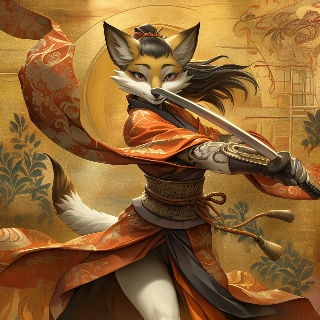 Elegant Kitsune in silk kimono wields katana, oil painting.