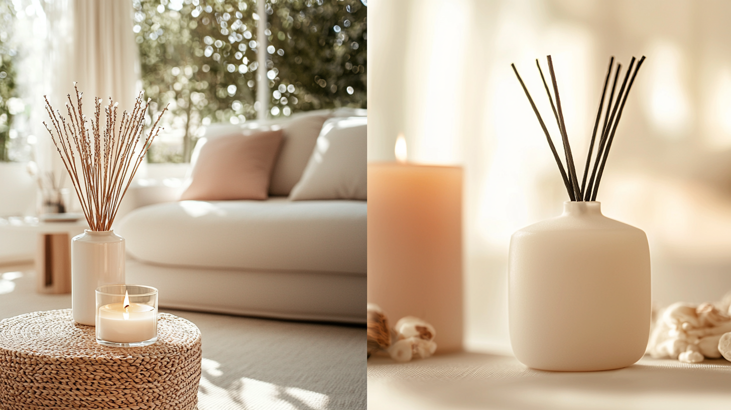 Elegant fragrance diffusers and candles create cozy home atmosphere.