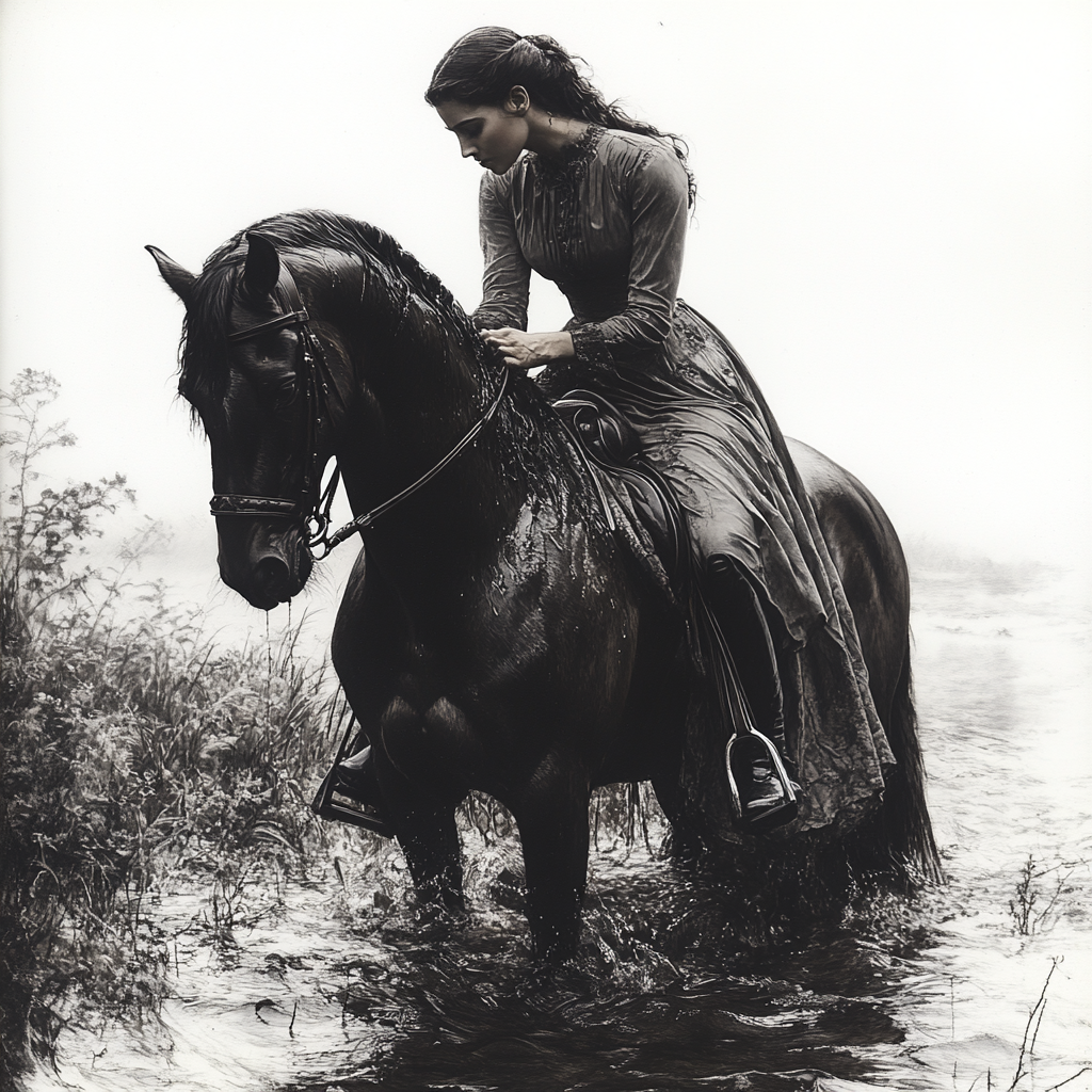 Elegant woman riding horse through water, touching heads. White background.