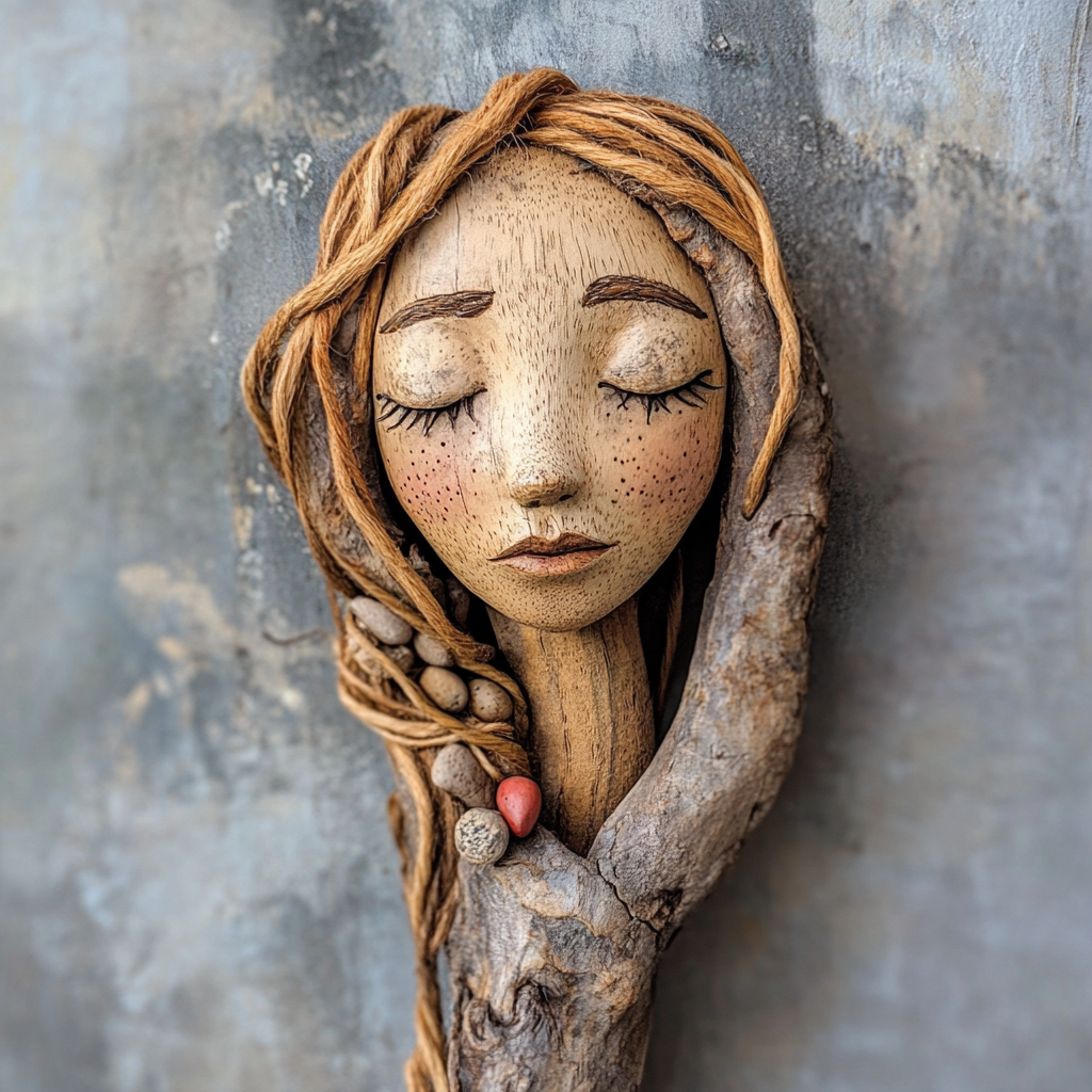 Elven princess puppet made from driftwood, berries, and charcoal.