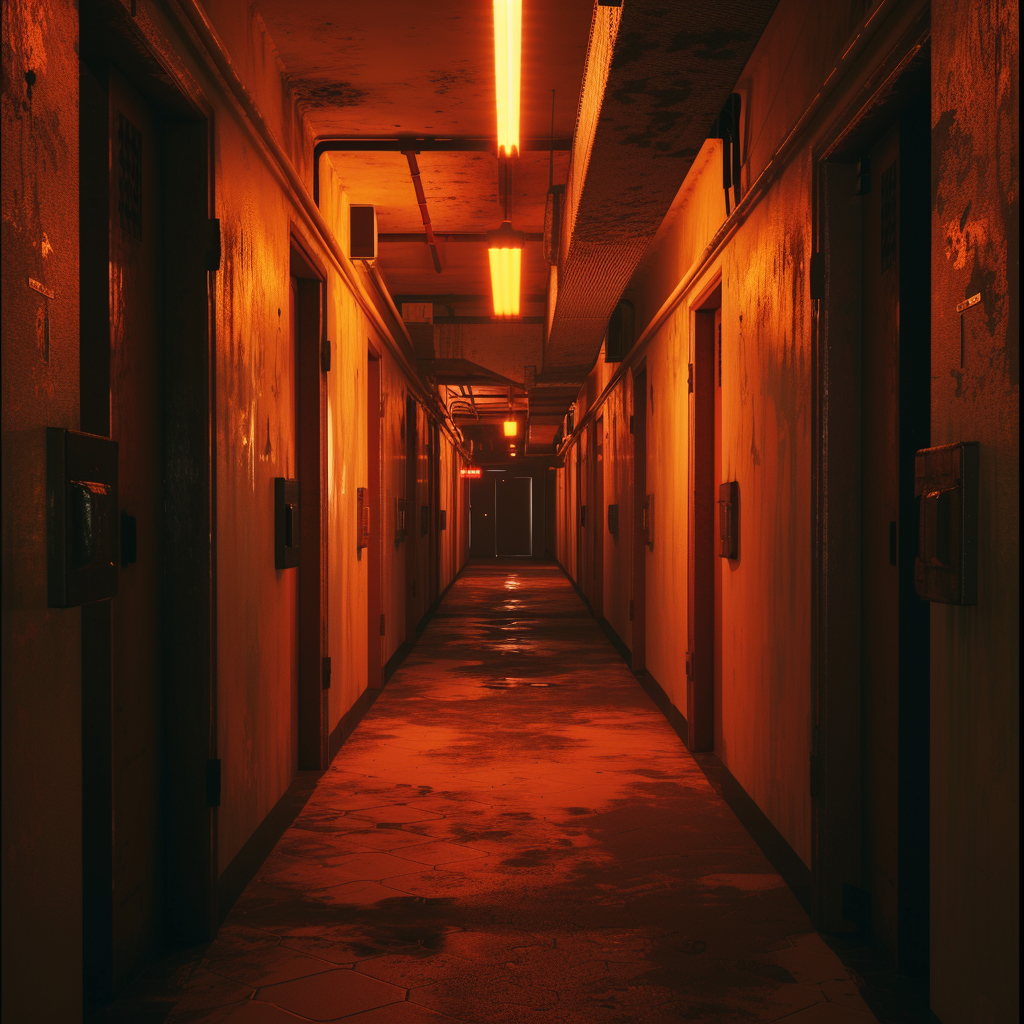 Long, dark hallway with doors in a brutalist apartment building