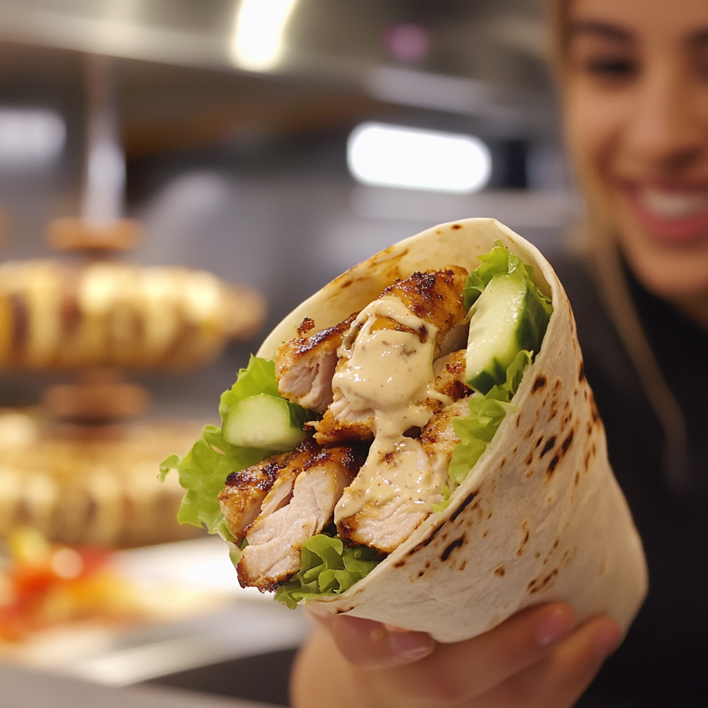 Energetic shawarma ad shows delicious, fresh ingredients, happy model.