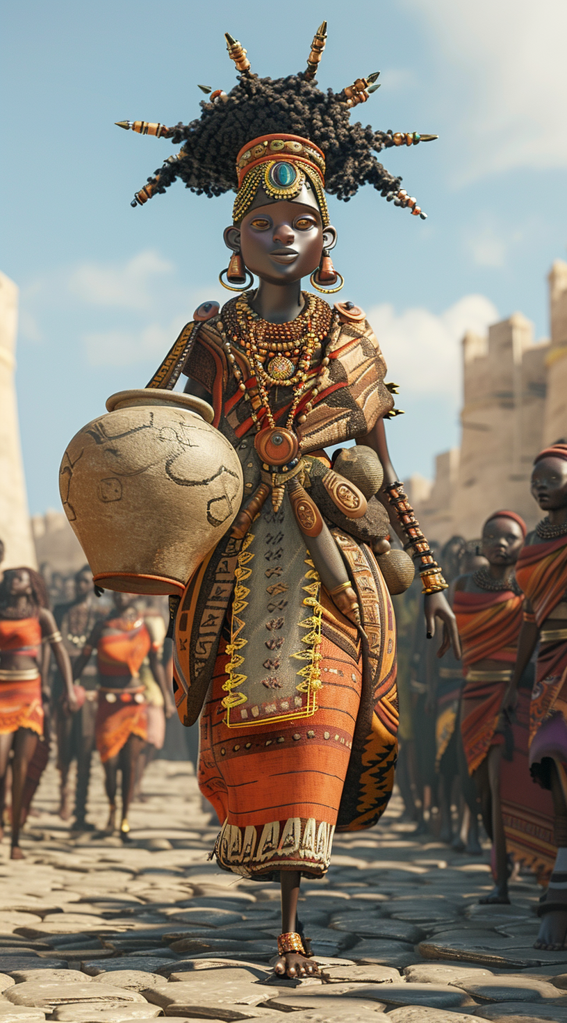 Enormous African princess with crown holding giant clay pot.