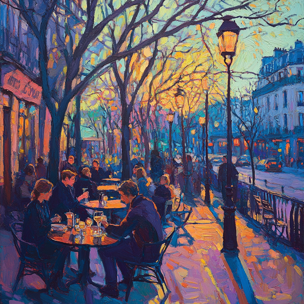 Erin Hanson painting, Paris scene, electric blue, terracotta.