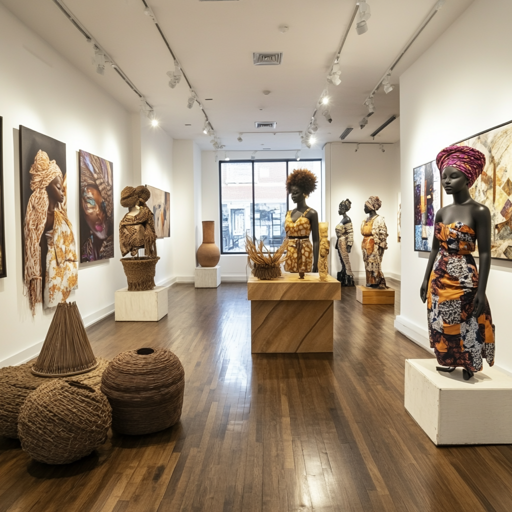 Evening event: modern gallery with afro-asian fashion, artwork, dj.