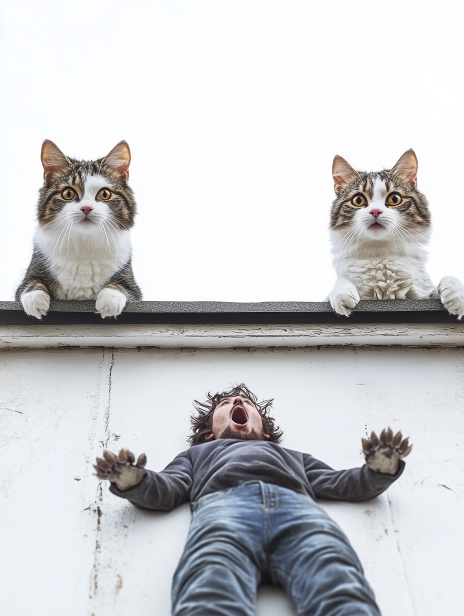 Exaggerated Cats Drop Surprise Human