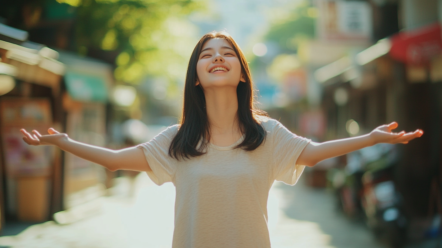 Excited Japanese student in Nagasaki street, smiling happily.