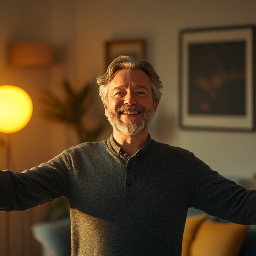 Excited man, age 52, with gray hair, advertising.