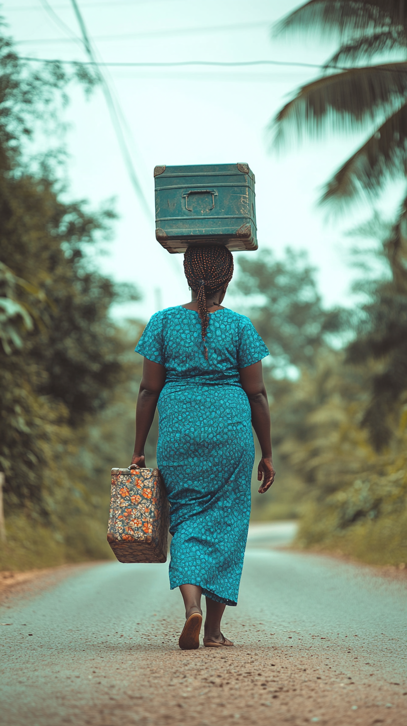 Ezinne, Nigerian midwife, 54, in blue uniform, braided hair.