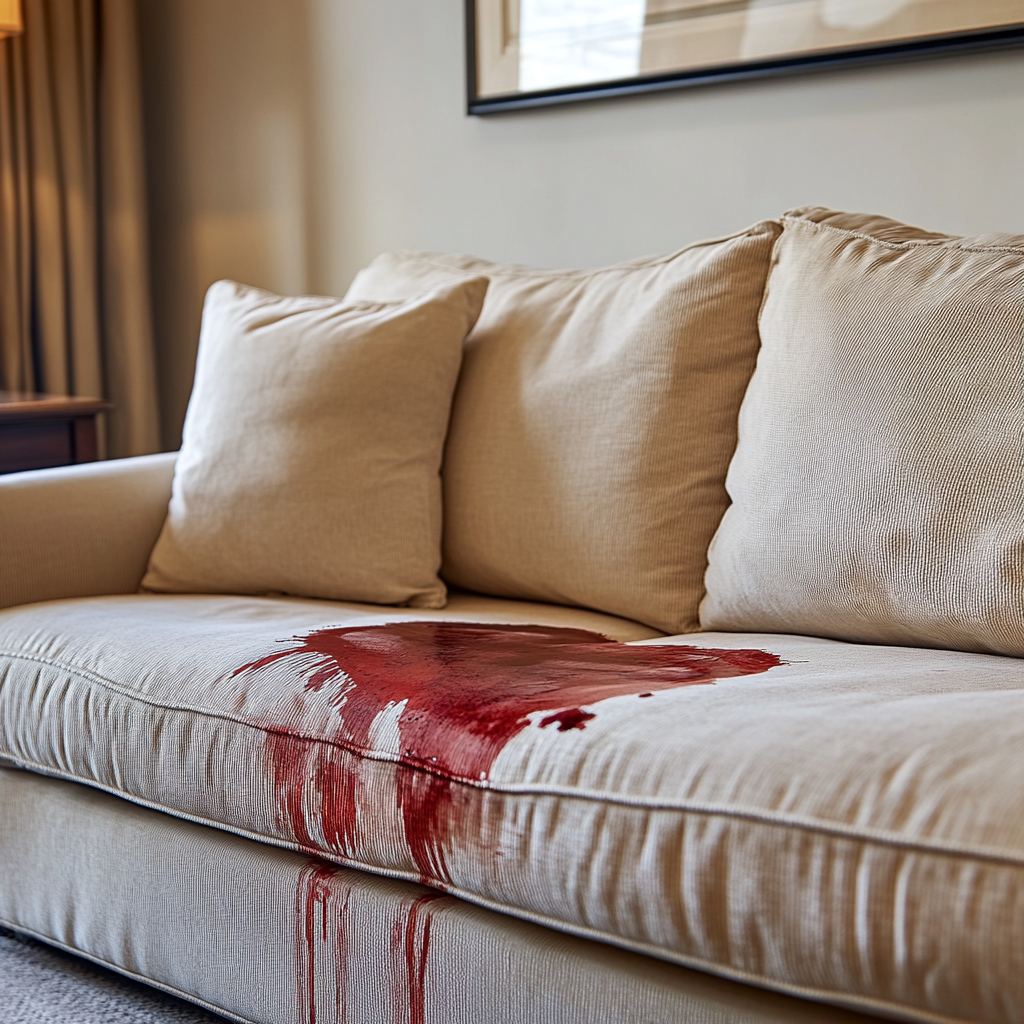 Fabric couch with red wine stain in spotless room.