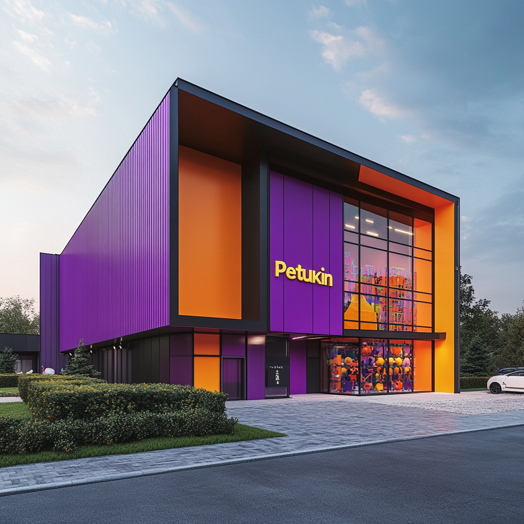 Facade of playful children's playroom, purple and orange colors.