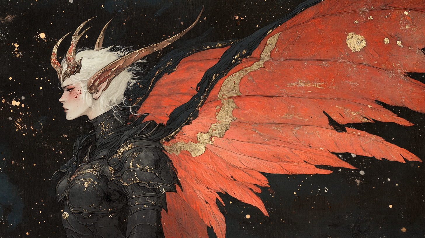 Fallen seraphim angel in dark armor with red wings.