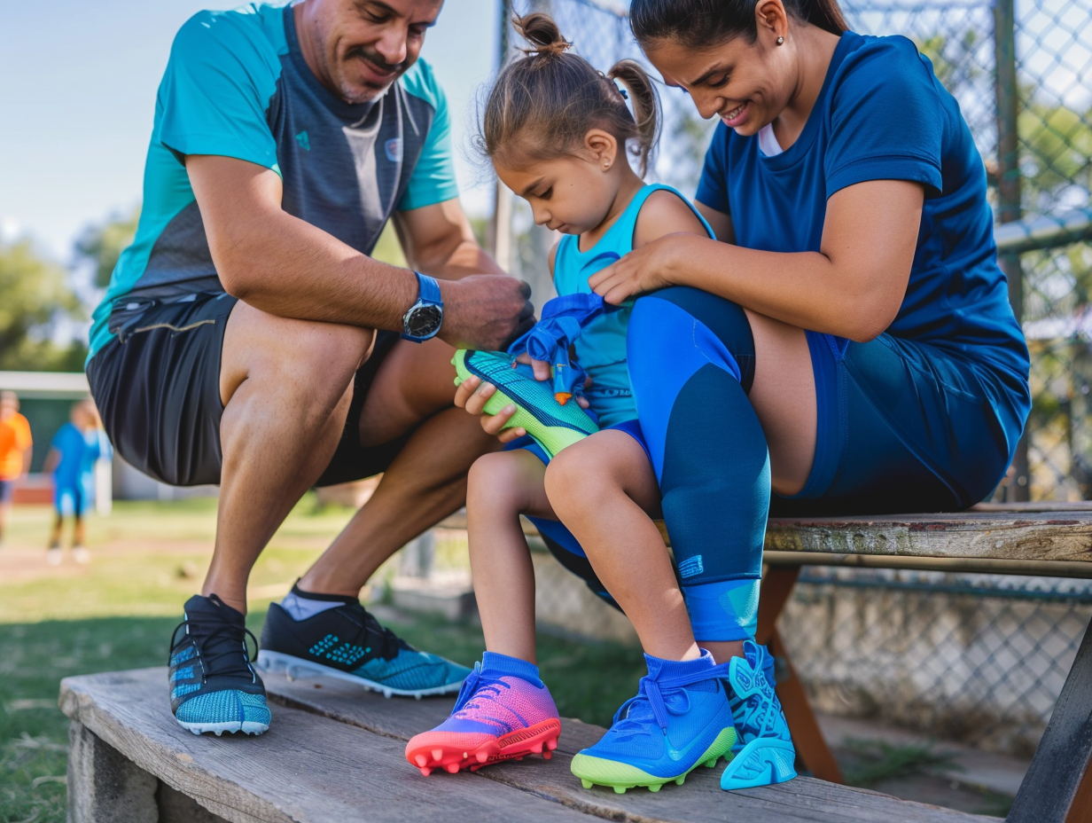 Family moments: Parents helping child wear football boots