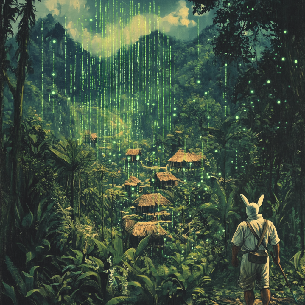 Farmer follows white rabbit through futuristic forest village.