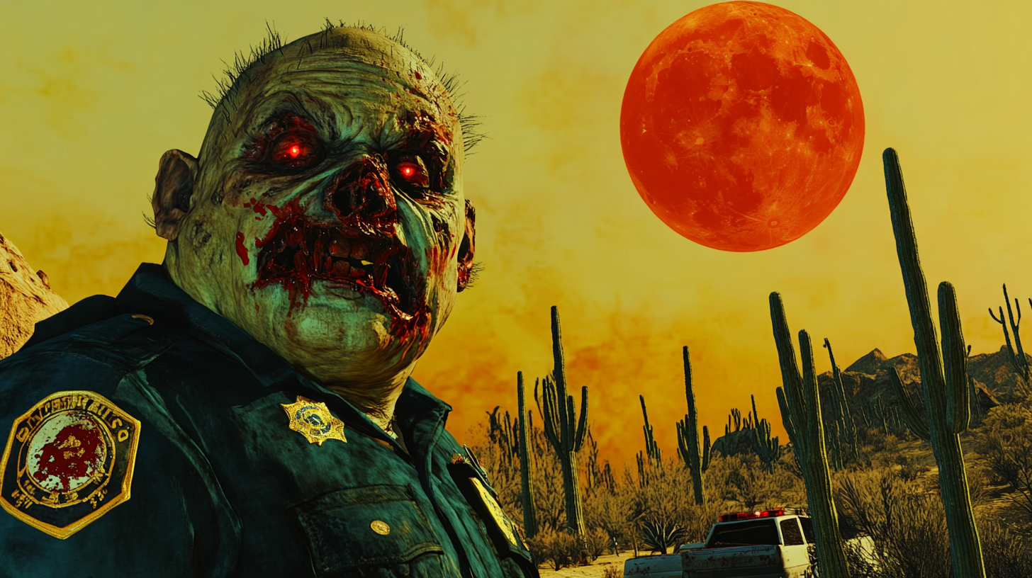 Fat zombie cop, cactus desert, red moon, vibrant colors.